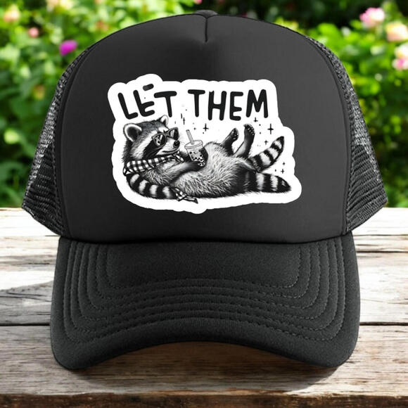 Raccoon trucker hat mens O/S black snapback let them coffee funny unisex - Picture 1 of 4